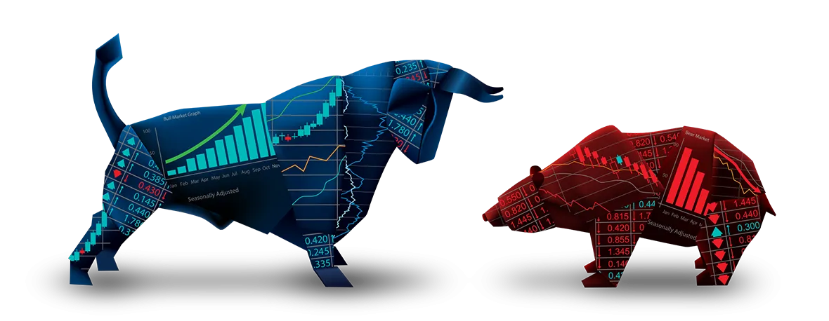 A bull and a bear face each other. The bull is buyers, who push the price up. The bear is sellers, who push the price down.